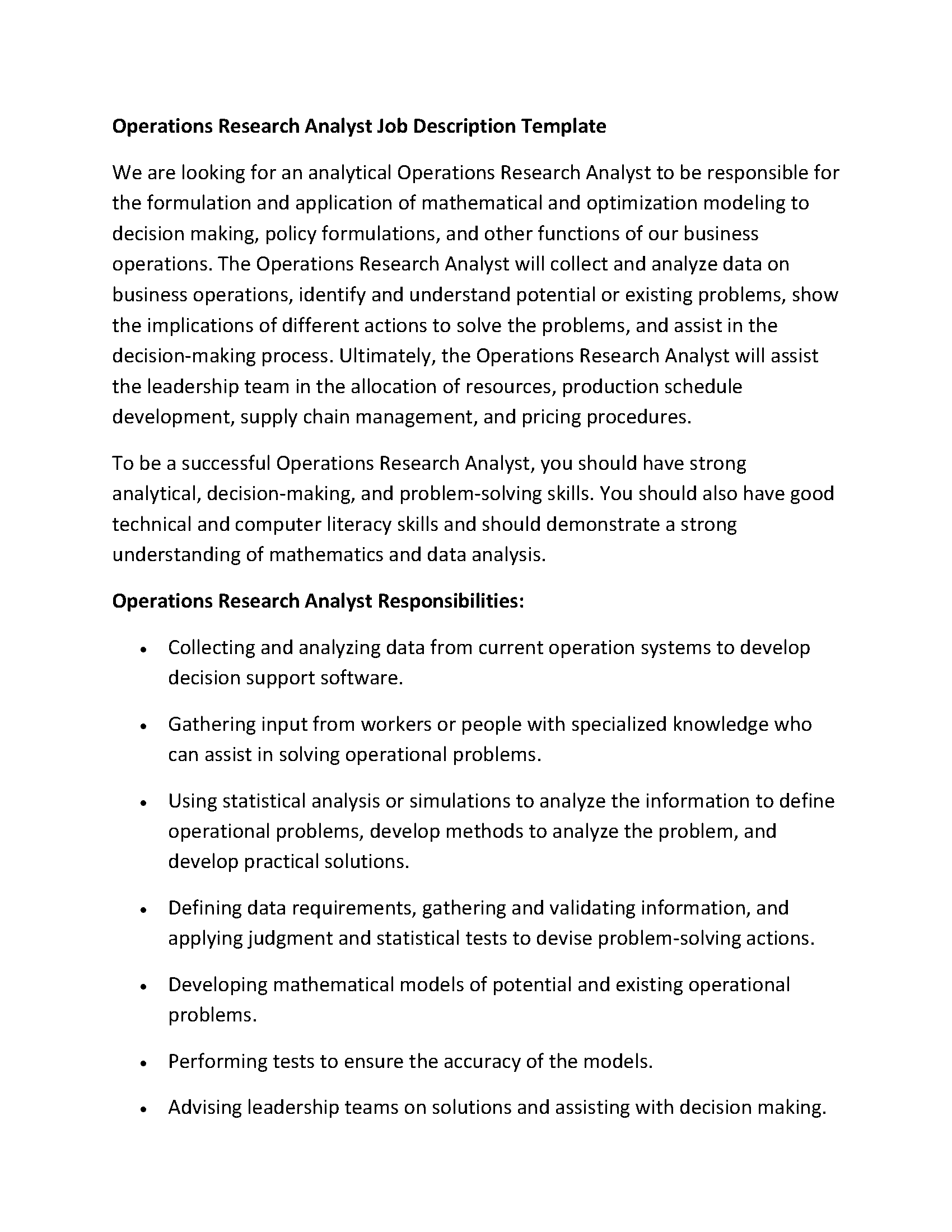 Operations Research Analyst Job Description Template